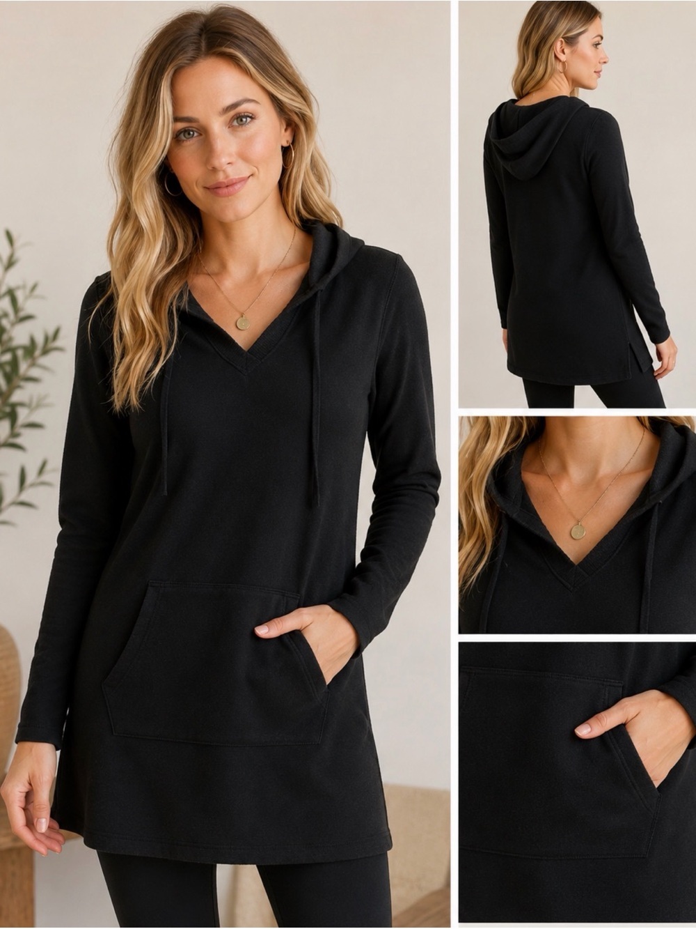 Tahari Black V-Neck Hoodie Tunic with Kangaroo Pocket size M